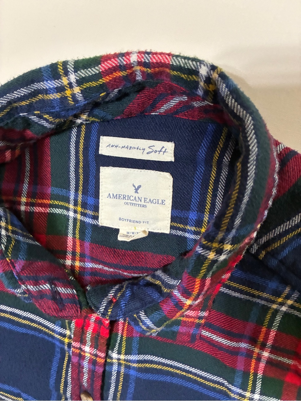 American Eagle Boyfriend Fit Button Flannel; red, green, blue plaid; Women’s M